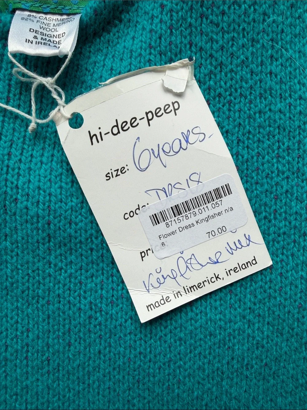 NWT Hi-Dee-Peep Girls Sweater Dress Floral Cashmere/Wool Made in Ireland sz 6